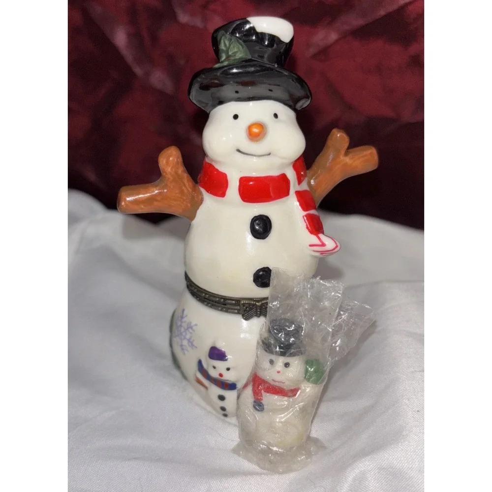 Vtg Christmas Porcelain Hinged Trinket Boxes‎ Santa Snowman W/ Special Gifts 2pc